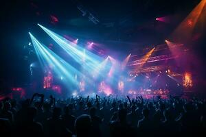 Ai generative Crowded Concert Stage Scenery With Spotlights and Colored Lights realistic image, ultra hd photo