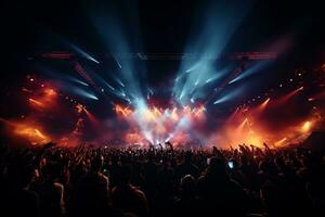 Ai generative Crowded Concert Stage Scenery With Spotlights and Colored Lights realistic image, ultra hd photo