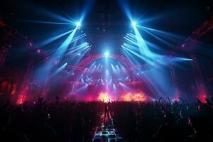 Ai generative Crowded Concert Stage Scenery With Spotlights and Colored Lights realistic image, ultra hd photo