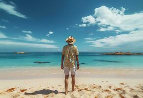 Ai generative back view young tourist man in summer dress and hat standing on beautiful sandy beach. enjoying. photo