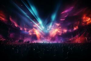 Ai generative Crowded Concert Stage Scenery With Spotlights and Colored Lights realistic image, ultra hd photo