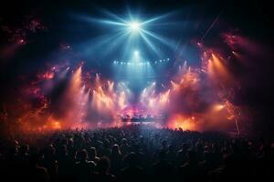 Ai generative Crowded Concert Stage Scenery With Spotlights and Colored Lights realistic image, ultra hd photo