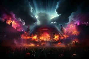 Ai generative Crowded Concert Stage Scenery With Spotlights and Colored Lights realistic image, ultra hd photo