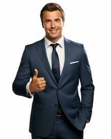 Ai generative photo business concept portrait of excited man dressed in formal wear giving thumbs up