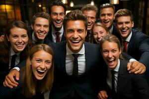 Ai Generative group of happy business man and business women, dressed in suits are smiling, in the office photo