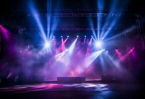 Ai generative Concert Stage Scenery With Spotlights Colored Lights Smoke photo