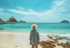 Ai generative back view young tourist man in summer dress and hat standing on beautiful sandy beach. enjoying. photo