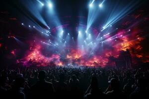 Ai generative Crowded Concert Stage Scenery With Spotlights and Colored Lights realistic image, ultra hd photo