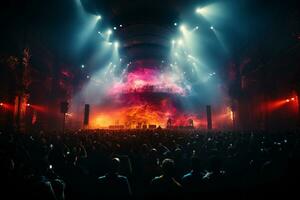 Ai generative Crowded Concert Stage Scenery With Spotlights and Colored Lights realistic image, ultra hd photo