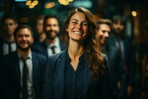 Ai Generative group of happy business man and business women, dressed in suits are smiling, in the office photo