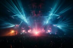 Ai generative Crowded Concert Stage Scenery With Spotlights and Colored Lights realistic image, ultra hd photo