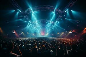 Ai generative Crowded Concert Stage Scenery With Spotlights and Colored Lights realistic image, ultra hd photo