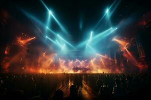 Ai generative Crowded Concert Stage Scenery With Spotlights and Colored Lights realistic image, ultra hd photo