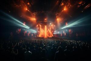 Ai generative Crowded Concert Stage Scenery With Spotlights and Colored Lights realistic image, ultra hd photo
