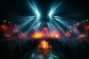 Ai generative Crowded Concert Stage Scenery With Spotlights and Colored Lights realistic image, ultra hd photo