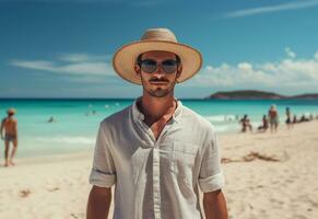 Ai generative back view young tourist man in summer dress and hat standing on beautiful sandy beach. enjoying. photo