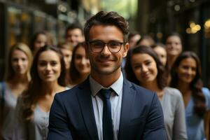 Ai Generative group of happy business man and business women, dressed in suits are smiling, in the office photo