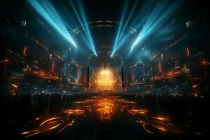 Ai generative Crowded Concert Stage Scenery With Spotlights and Colored Lights realistic image, ultra hd photo