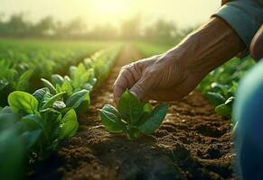 ai generativo agricultores manos terminado granja plantas realista imagen, ultra alta definición, alto diseño muy detallado foto