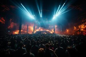 Ai generative Crowded Concert Stage Scenery With Spotlights and Colored Lights realistic image, ultra hd photo