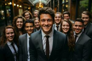 ai generativo grupo de contento negocio hombre y negocio mujer, vestido en trajes son sonriente, en el oficina foto