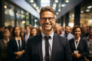 ai generativo grupo de contento negocio hombre y negocio mujer, vestido en trajes son sonriente, en el oficina foto