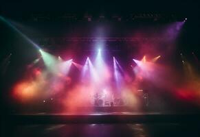 Ai generative Concert Stage Scenery With Spotlights Colored Lights Smoke photo