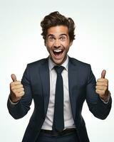 Ai generative photo business concept portrait of excited man dressed in formal wear giving thumbs up