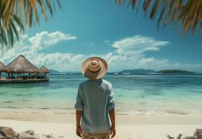 Ai generative back view young tourist man in summer dress and hat standing on beautiful sandy beach. enjoying. photo