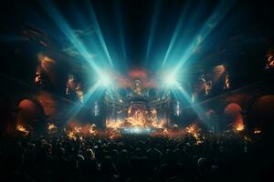 Ai generative Crowded Concert Stage Scenery With Spotlights and Colored Lights realistic image, ultra hd photo