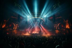 Ai generative Crowded Concert Stage Scenery With Spotlights and Colored Lights realistic image, ultra hd photo