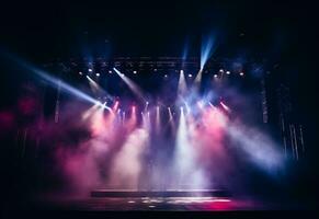 Ai generative Concert Stage Scenery With Spotlights Colored Lights Smoke photo