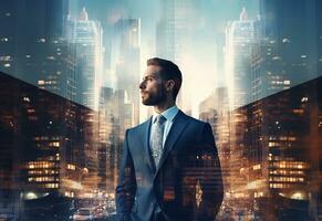 Ai generative A Double Exposure of a Businessman in the Cityscape Embodies Success and Future Plans photo