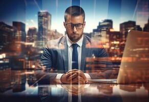 Ai generative double exposure photo of a business man using laptop on his desk front view office background realistic image, ultra hd, high design very detailed