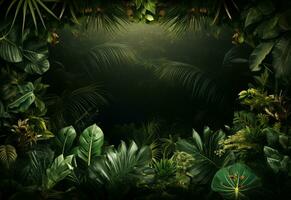 Ai Generative Beautiful jungle background with border made of tropical leaves backdrop with copy space photo