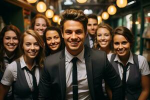 Ai Generative group of happy business man and business women, dressed in suits are smiling, in the office photo