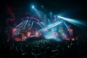 Ai generative Crowded Concert Stage Scenery With Spotlights and Colored Lights realistic image, ultra hd photo