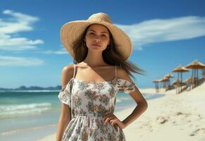 Ai generative young tourist woman in summer dress and hat standing on beautiful sandy beach. Cute girl enjoying photo