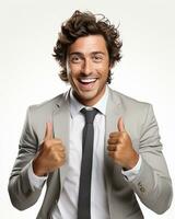 Ai generative photo business concept portrait of excited man dressed in formal wear giving thumbs up