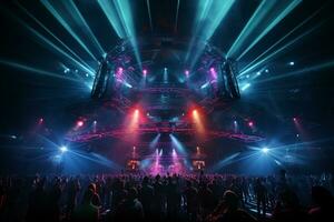 Ai generative Crowded Concert Stage Scenery With Spotlights and Colored Lights realistic image, ultra hd photo