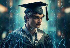 Ai Generative Double exposure photo of Young man with graduation cap technology background realistic image