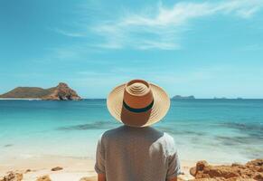 Ai generative back view young tourist man in summer dress and hat standing on beautiful sandy beach. enjoying. photo