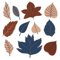 Set of vector illustration of leaves of maple, oak, birch in cozy autumn colors. Isolated objects for scrapbooking, textile or book covers, wallpapers, design, graphic art, printing, hobby, invitation