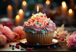 Ai generative birthday cupcakes with blur background colorful balloons realistic image, ultra hd, high design very photo