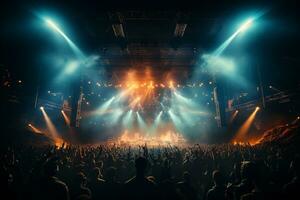 Ai generative Crowded Concert Stage Scenery With Spotlights and Colored Lights realistic image, ultra hd photo