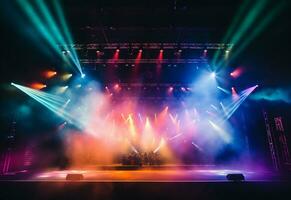 Ai generative Concert Stage Scenery With Spotlights Colored Lights Smoke photo