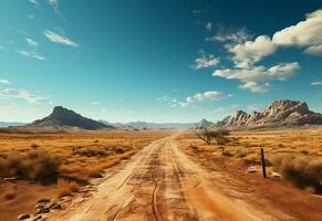 ai generativo foto la carretera claro cielo Desierto montañas paisaje realista imagen, ultra alta definición, alto diseño muy detallado