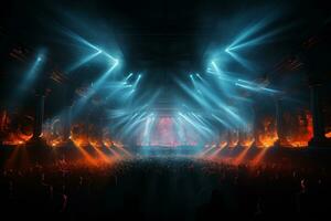 Ai generative Crowded Concert Stage Scenery With Spotlights and Colored Lights realistic image, ultra hd photo