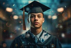 Ai Generative Double exposure photo of Young man with graduation cap technology background realistic image