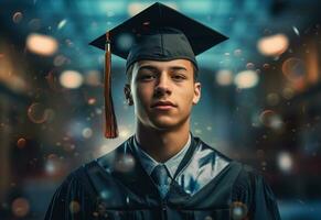 ai generativo doble exposición foto de joven hombre con graduación gorra tecnología antecedentes realista imagen